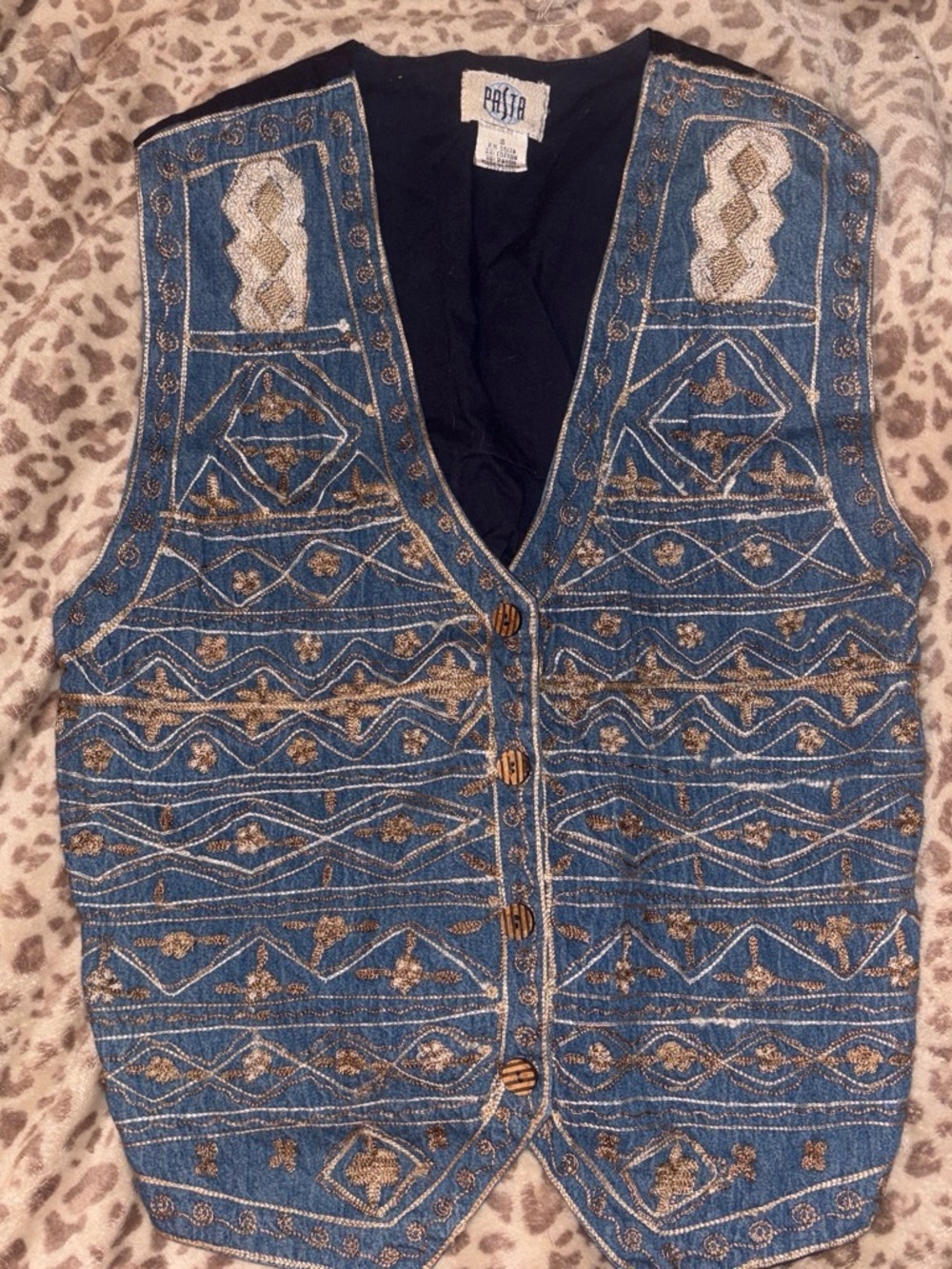 Vintage 90s Pasta Blue Embroidered Metallic-Thread Vest with Gold Accents